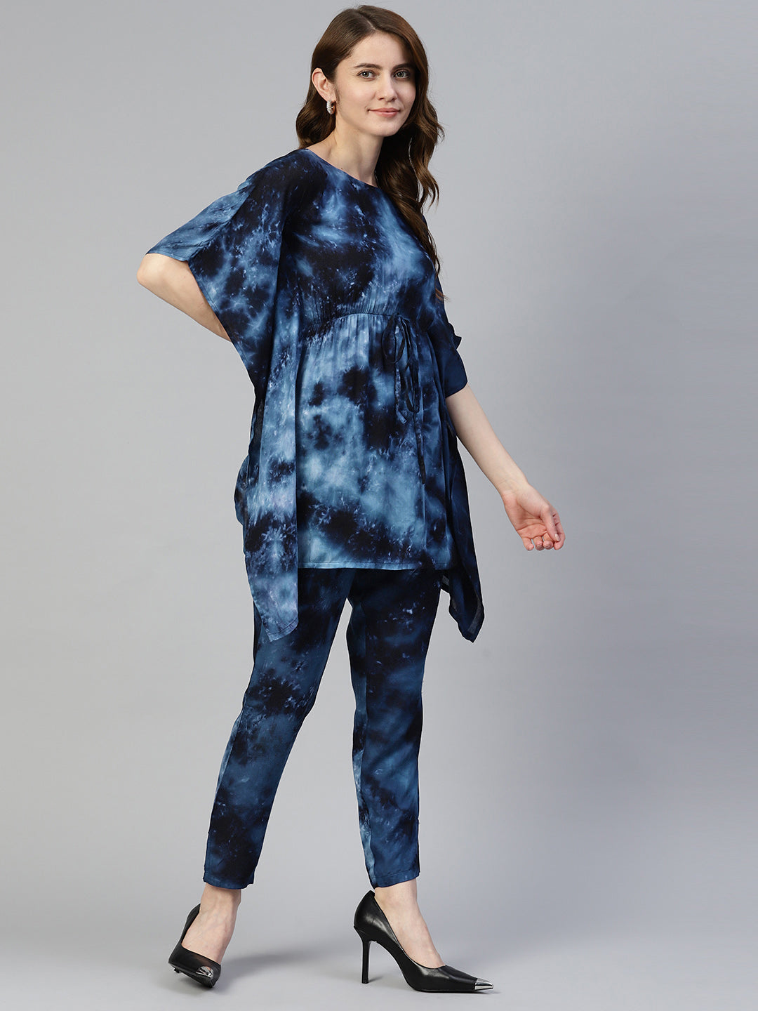 Jainish Women's Navy Blue Tie Dye Printed Rayon Kaftan Tunic With Trousers