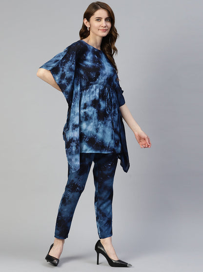 Jainish Women's Navy Blue Tie Dye Printed Rayon Kaftan Tunic With Trousers