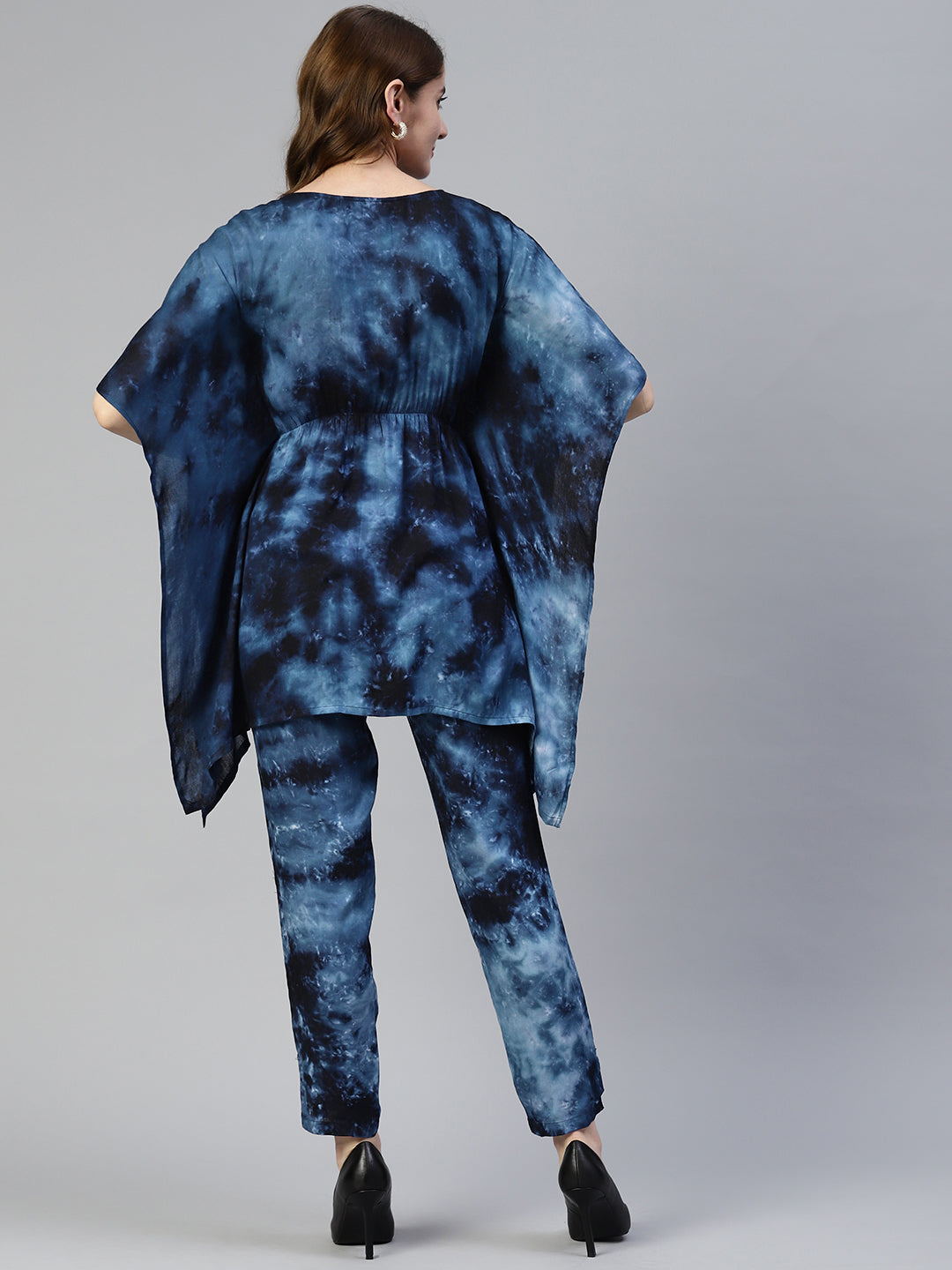 Jainish Women's Navy Blue Tie Dye Printed Rayon Kaftan Tunic With Trousers