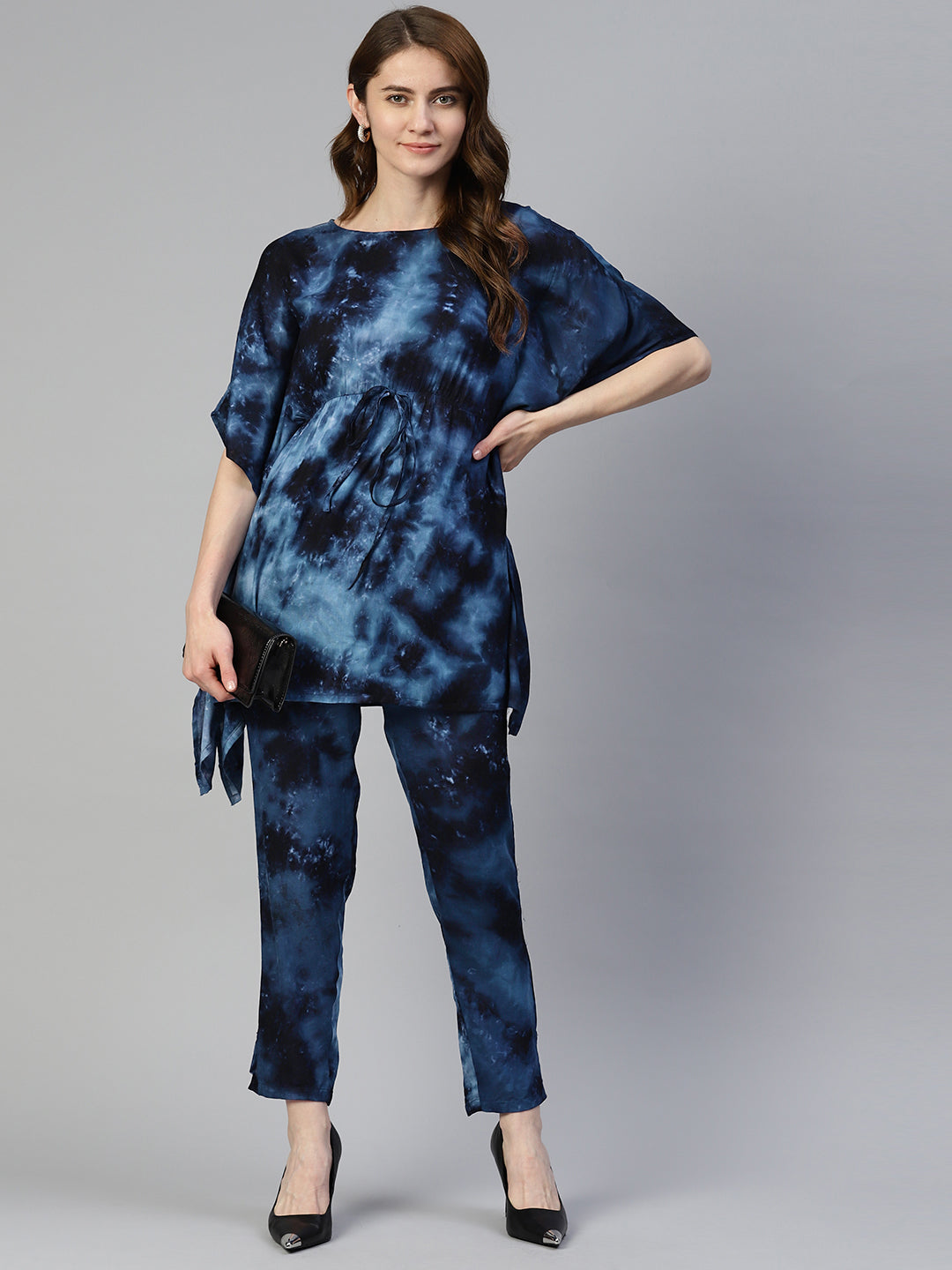 Jainish Women's Navy Blue Tie Dye Printed Rayon Kaftan Tunic With Trousers