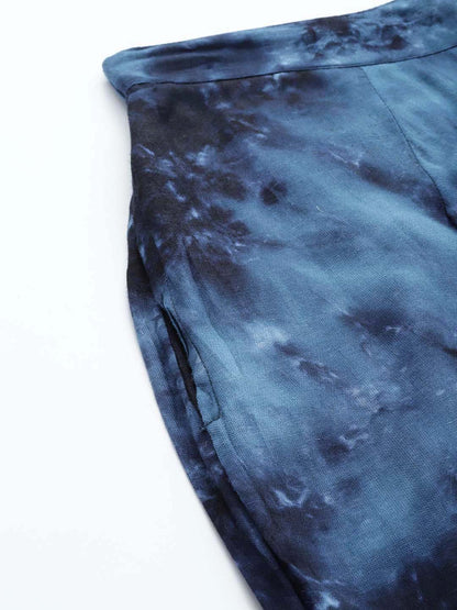 Jainish Women's Navy Blue Tie Dye Printed Rayon Kaftan Tunic With Trousers