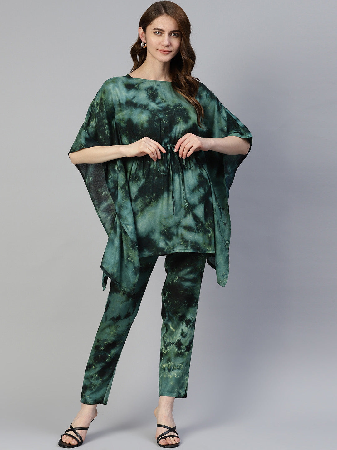 Jainish Women's Olive Green Tie Dye Printed Rayon Kaftan Tunic With Trousers
