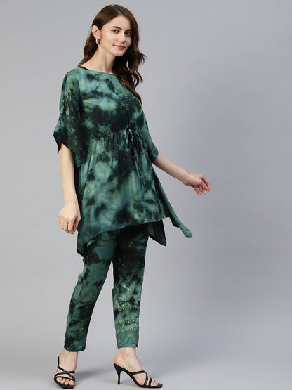 Jainish Women's Olive Green Tie Dye Printed Rayon Kaftan Tunic With Trousers
