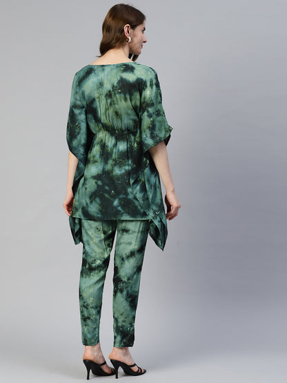 Jainish Women's Olive Green Tie Dye Printed Rayon Kaftan Tunic With Trousers