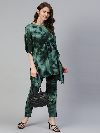 Jainish Women's Olive Green Tie Dye Printed Rayon Kaftan Tunic With Trousers