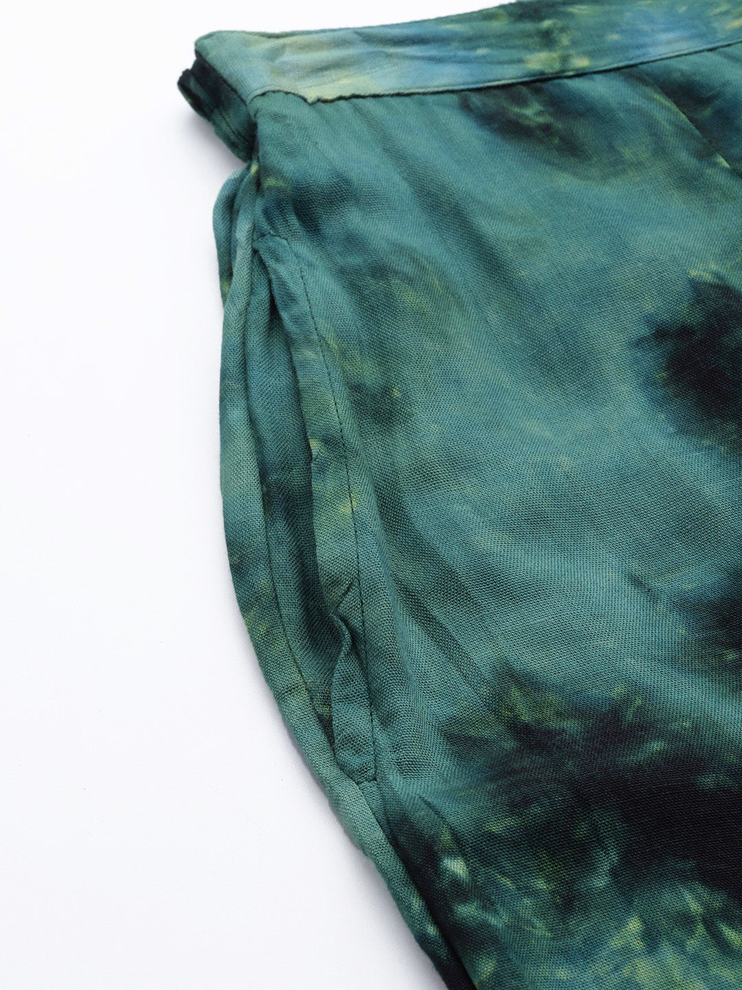 Jainish Women's Olive Green Tie Dye Printed Rayon Kaftan Tunic With Trousers