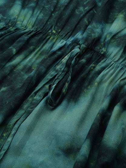 Jainish Women's Olive Green Tie Dye Printed Rayon Kaftan Tunic With Trousers