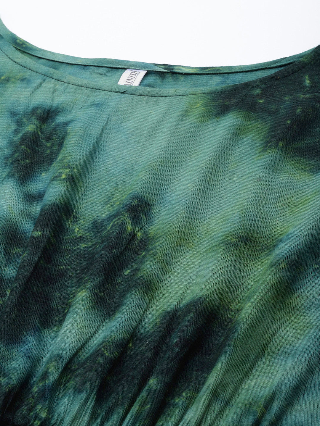 Jainish Women's Olive Green Tie Dye Printed Rayon Kaftan Tunic With Trousers