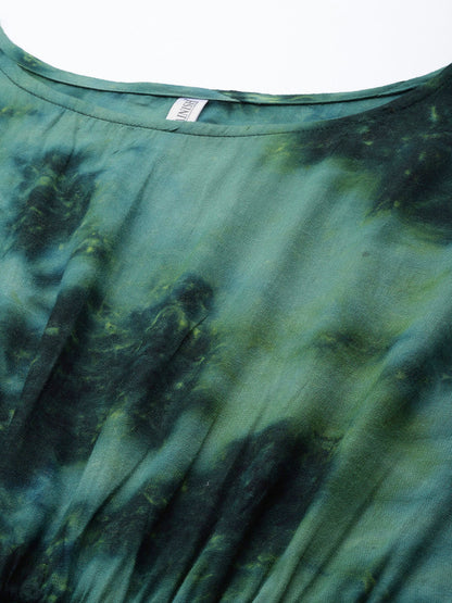 Jainish Women's Olive Green Tie Dye Printed Rayon Kaftan Tunic With Trousers