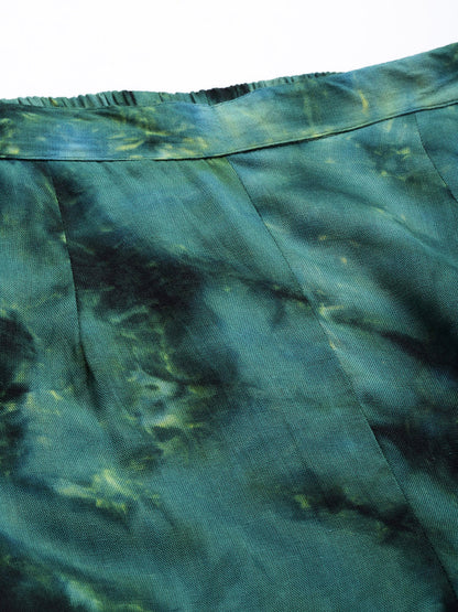 Jainish Women's Olive Green Tie Dye Printed Rayon Kaftan Tunic With Trousers