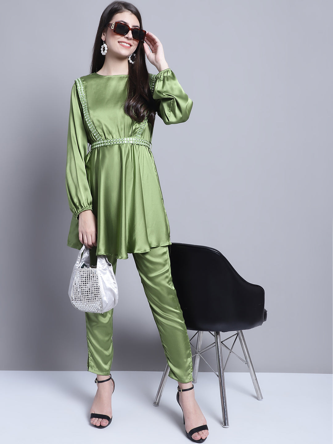 Jainish Women's WoEmbroidered A-line Top and Trouser With Belt - Green