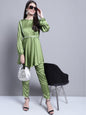 Jainish Women's WoEmbroidered A-line Top and Trouser With Belt - Green