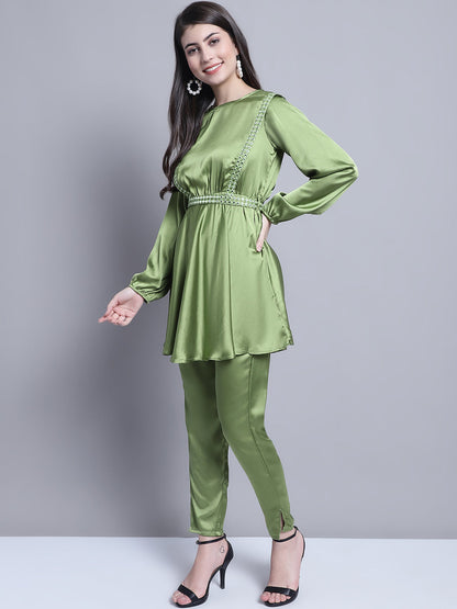 Jainish Women's WoEmbroidered A-line Top and Trouser With Belt - Green