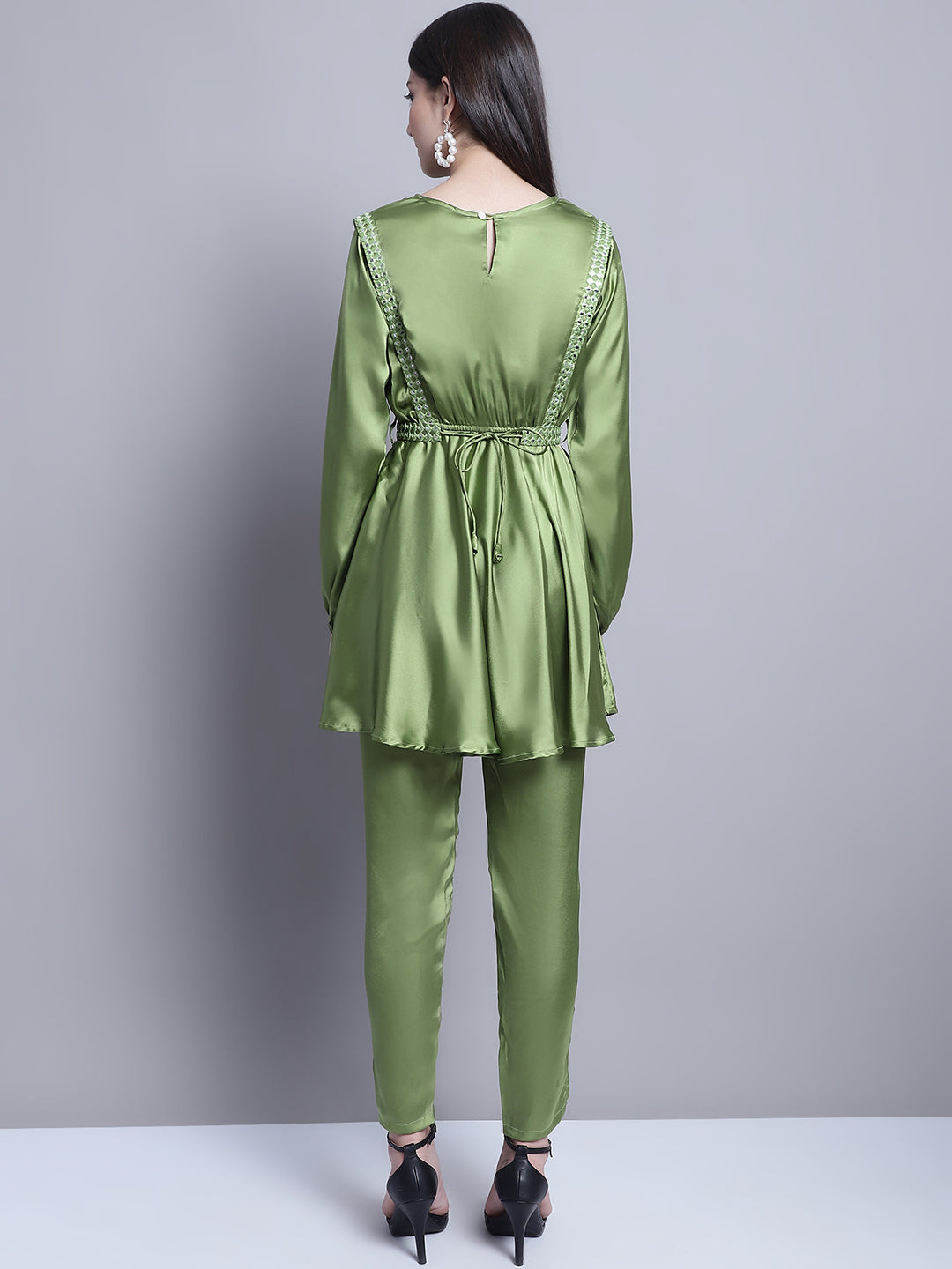 Jainish Women's WoEmbroidered A-line Top and Trouser With Belt - Green