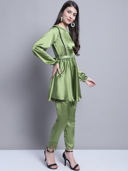 Jainish Women's WoEmbroidered A-line Top and Trouser With Belt - Green