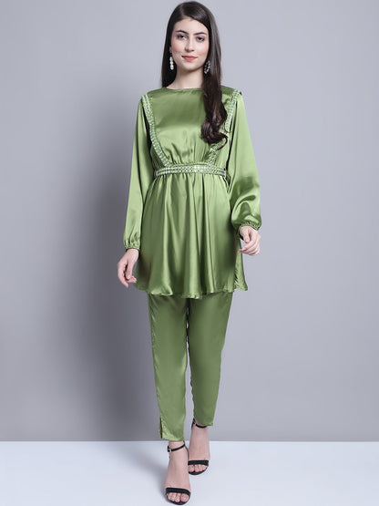 Jainish Women's WoEmbroidered A-line Top and Trouser With Belt - Green