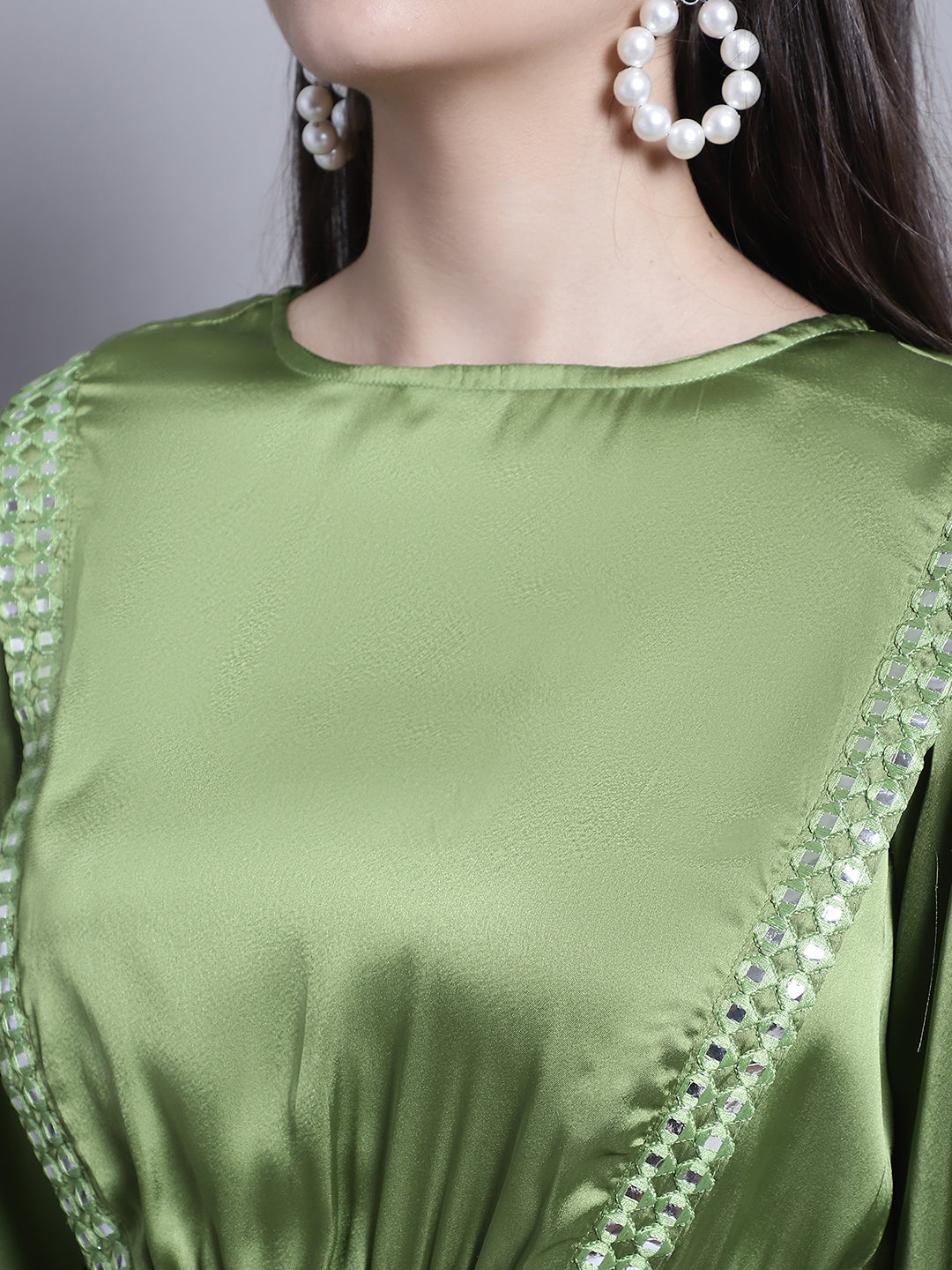 Jainish Women's WoEmbroidered A-line Top and Trouser With Belt - Green