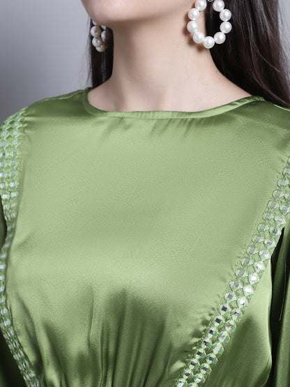Jainish Women's WoEmbroidered A-line Top and Trouser With Belt - Green