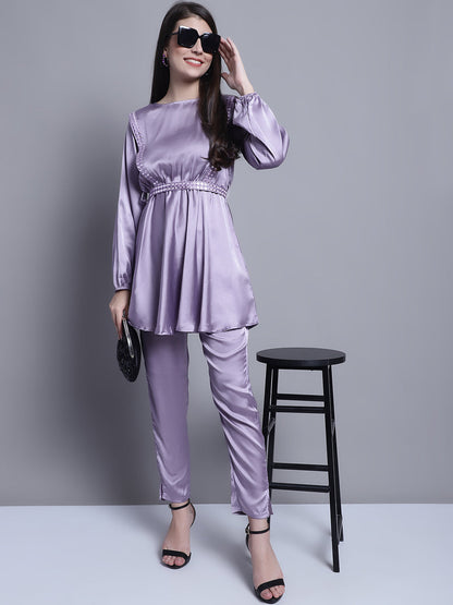 Jainish Women's WoEmbroidered A-line Top and Trouser With Belt - Purple