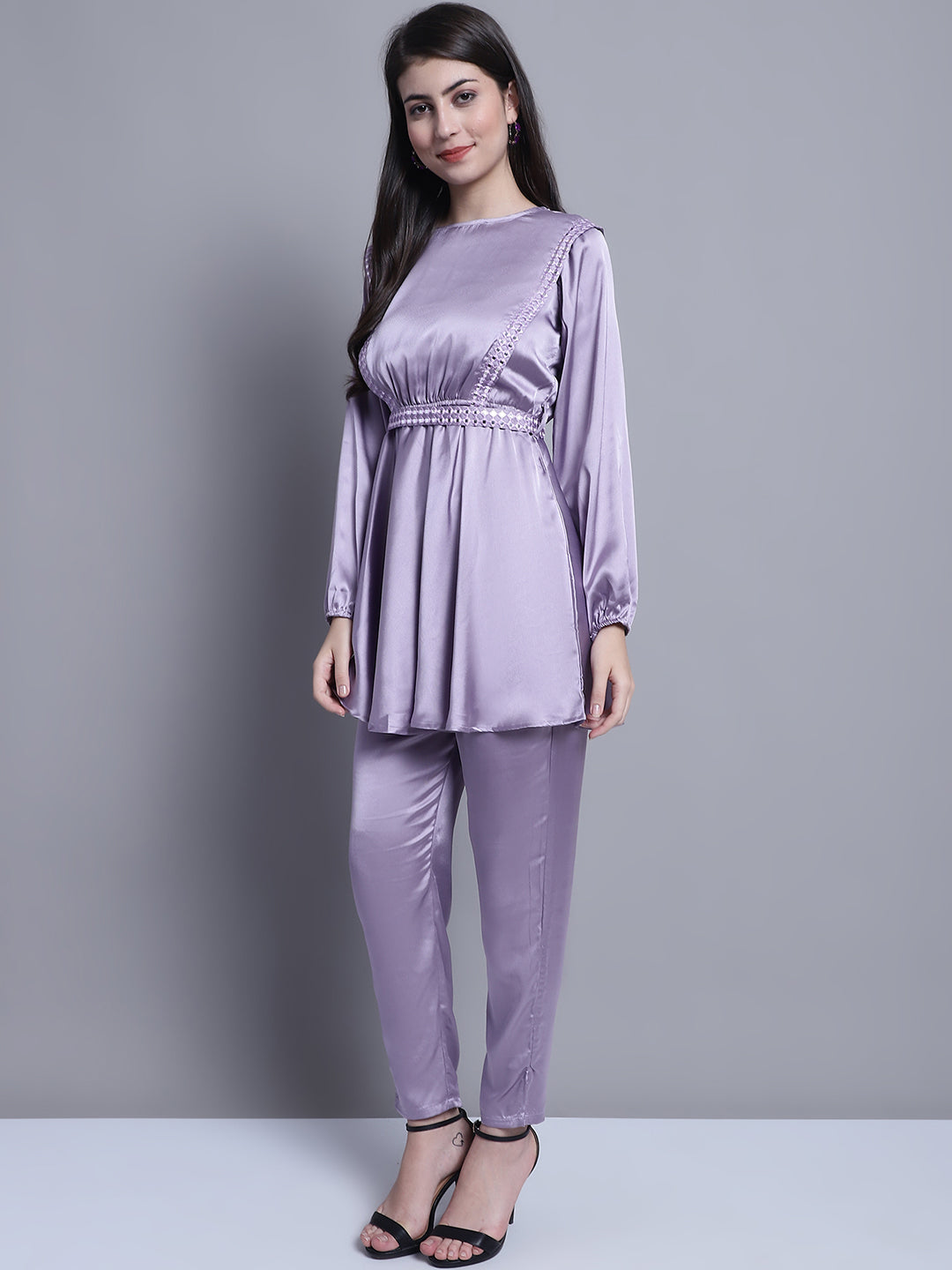 Jainish Women's WoEmbroidered A-line Top and Trouser With Belt - Purple