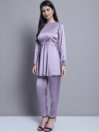 Jainish Women's WoEmbroidered A-line Top and Trouser With Belt - Purple