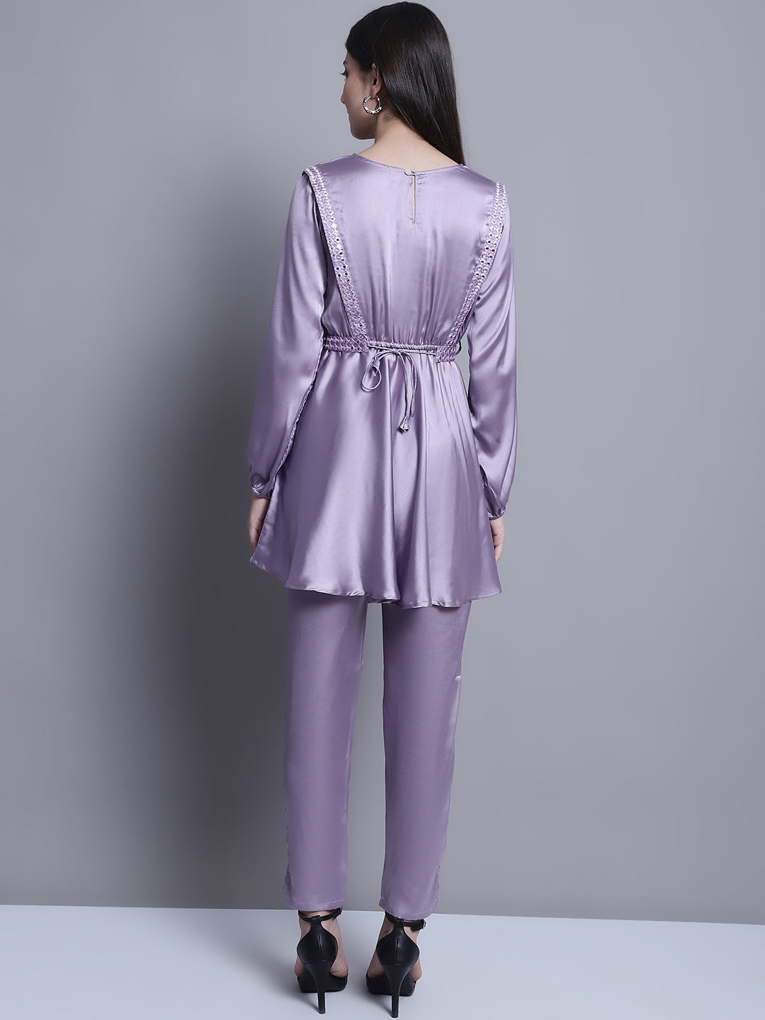 Jainish Women's WoEmbroidered A-line Top and Trouser With Belt - Purple