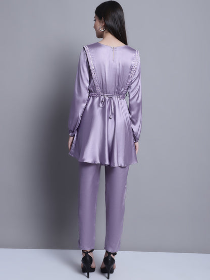 Jainish Women's WoEmbroidered A-line Top and Trouser With Belt - Purple