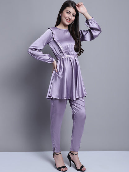 Jainish Women's WoEmbroidered A-line Top and Trouser With Belt - Purple