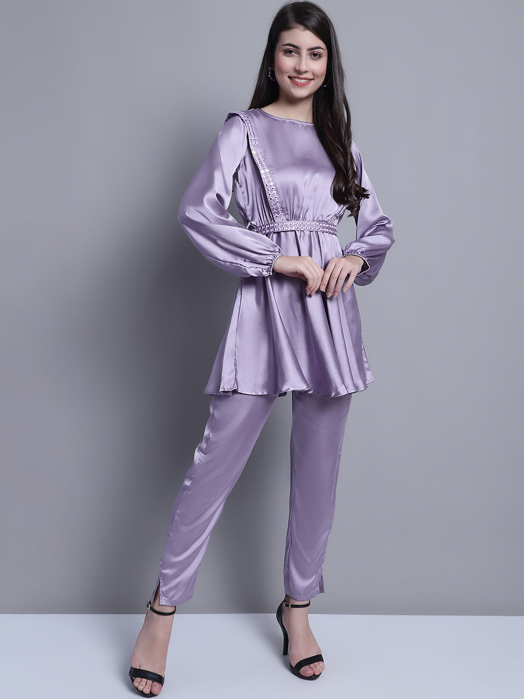 Jainish Women's WoEmbroidered A-line Top and Trouser With Belt - Purple