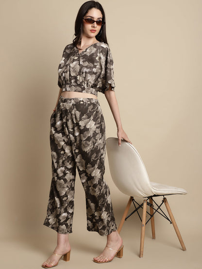 Jainish Women's Brown Printed Crop Top With Palazzos