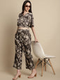 Jainish Women's Brown Printed Crop Top With Palazzos