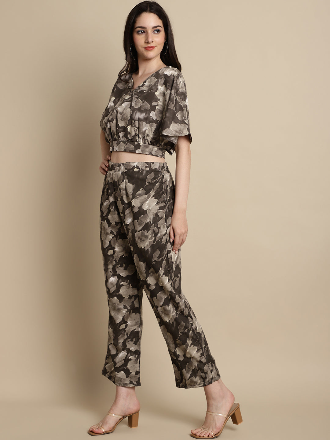 Jainish Women's Brown Printed Crop Top With Palazzos