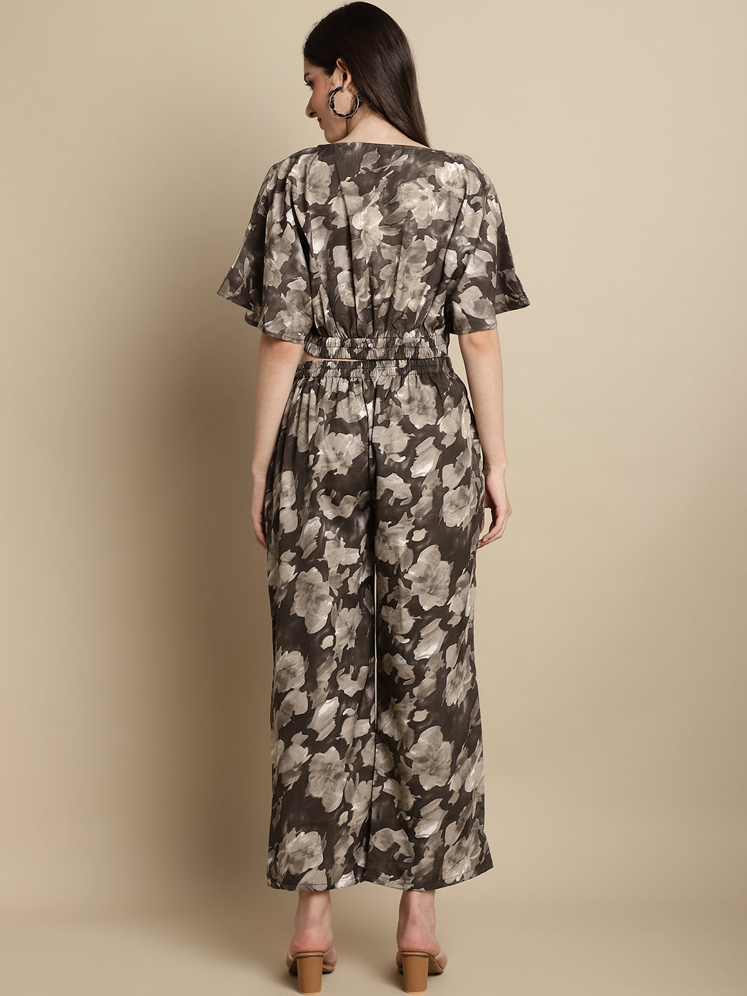 Jainish Women's Brown Printed Crop Top With Palazzos