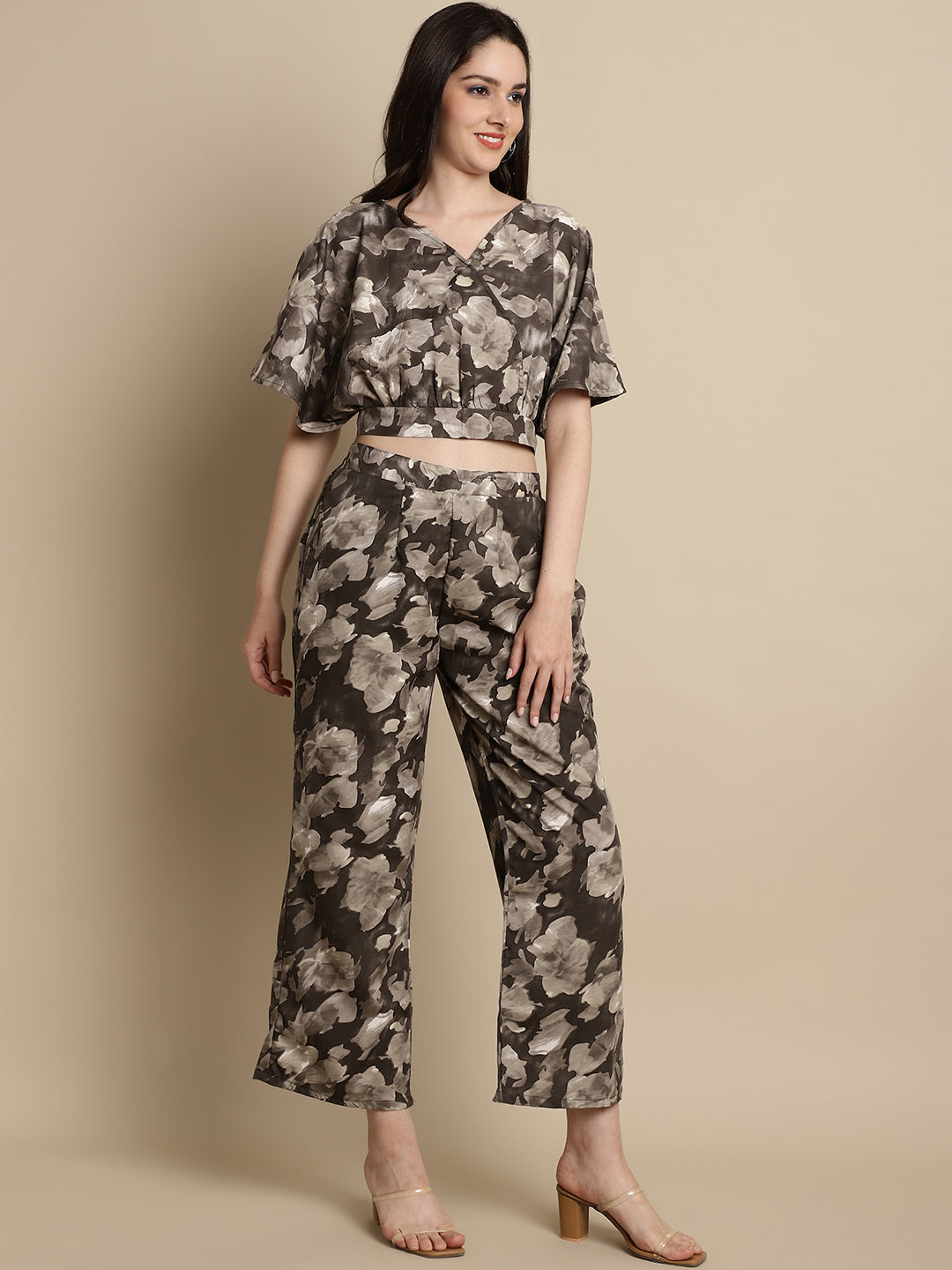 Jainish Women's Brown Printed Crop Top With Palazzos