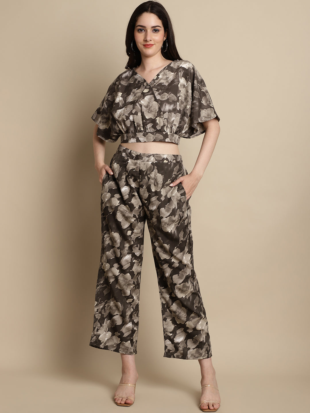 Jainish Women's Brown Printed Crop Top With Palazzos