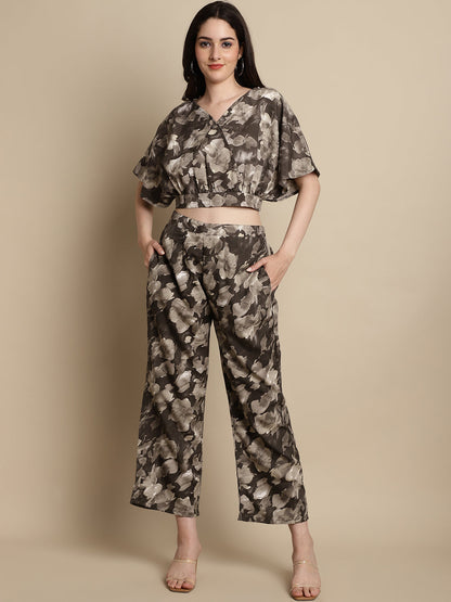 Jainish Women's Brown Printed Crop Top With Palazzos