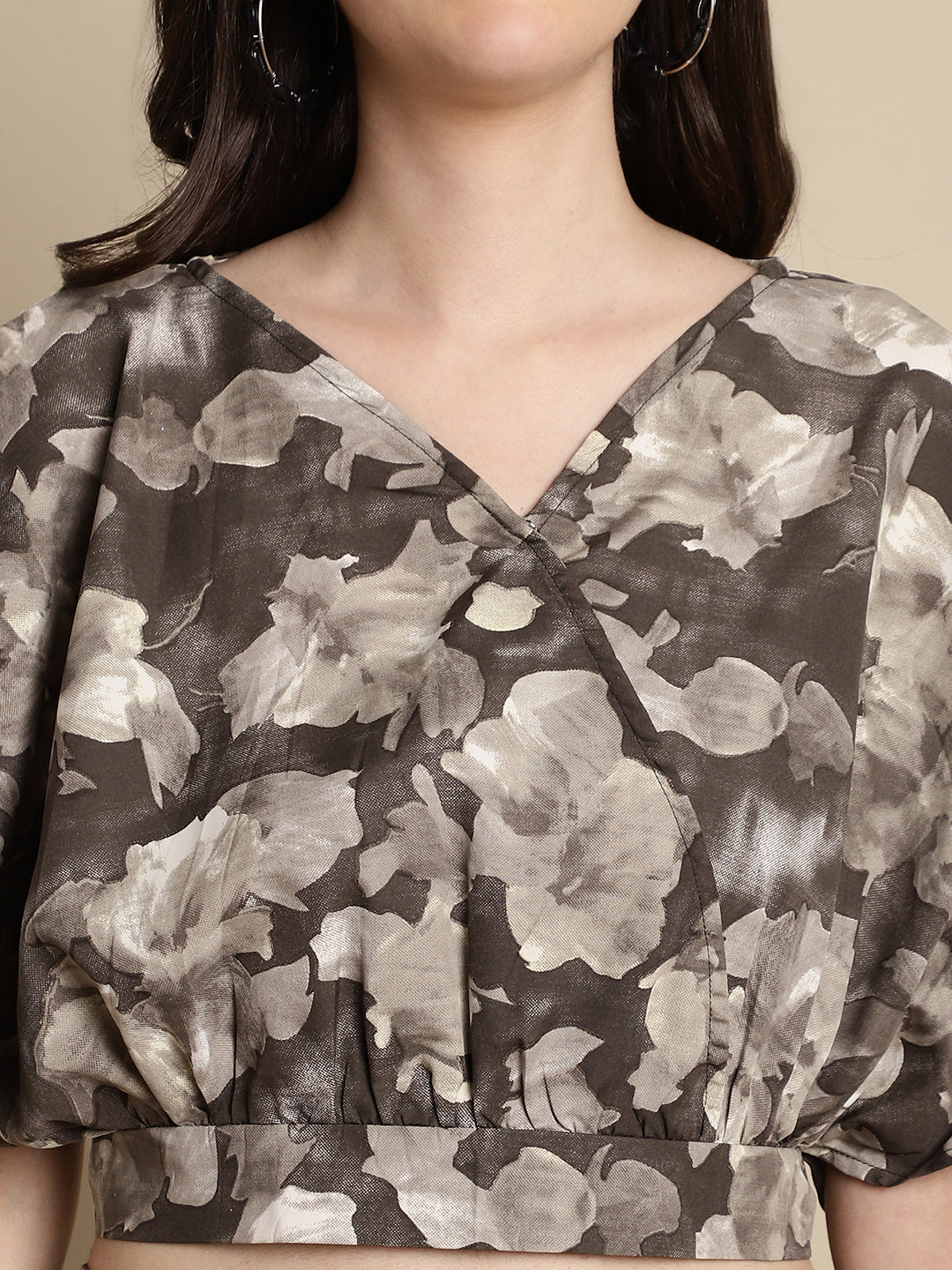 Jainish Women's Brown Printed Crop Top With Palazzos