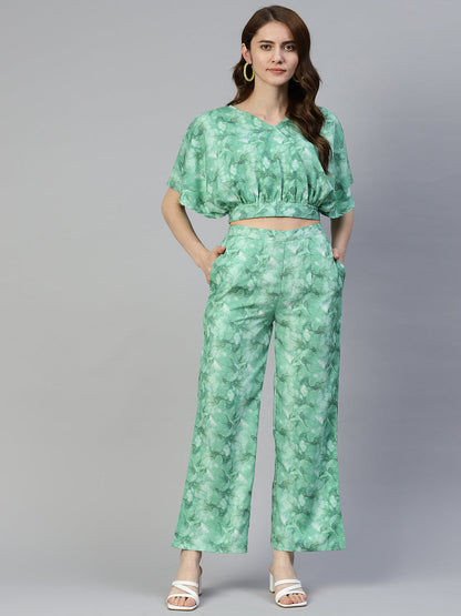 Jainish Women's Green Printed Crop Top With Palazzos