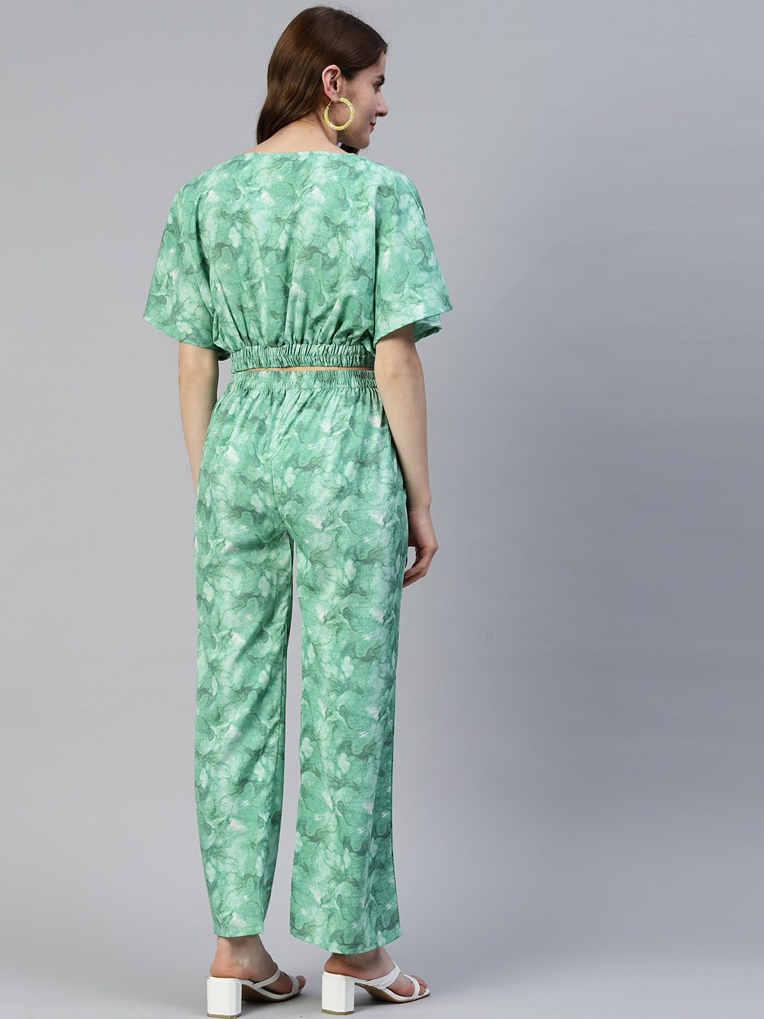 Jainish Women's Green Printed Crop Top With Palazzos