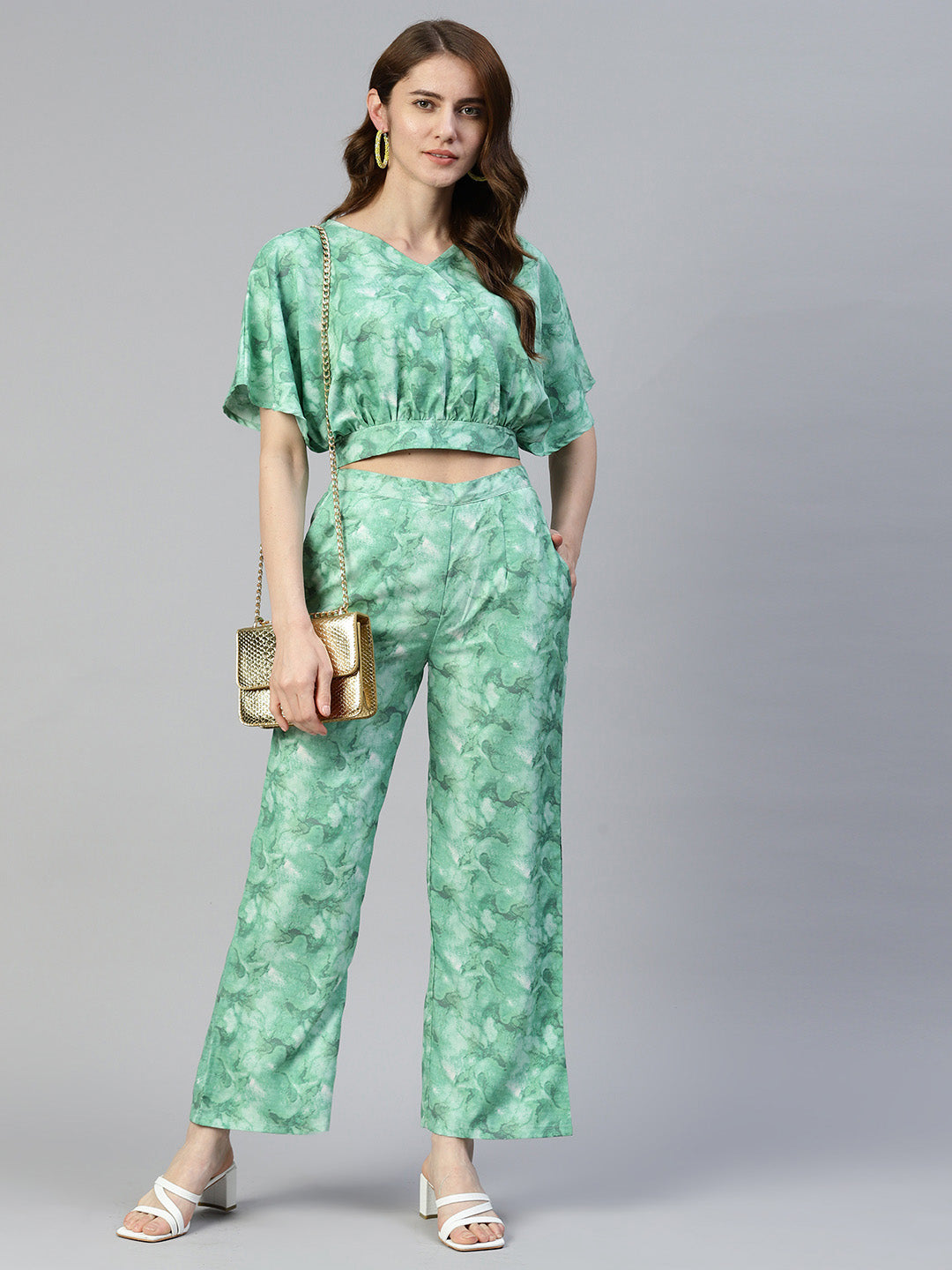 Jainish Women's Green Printed Crop Top With Palazzos