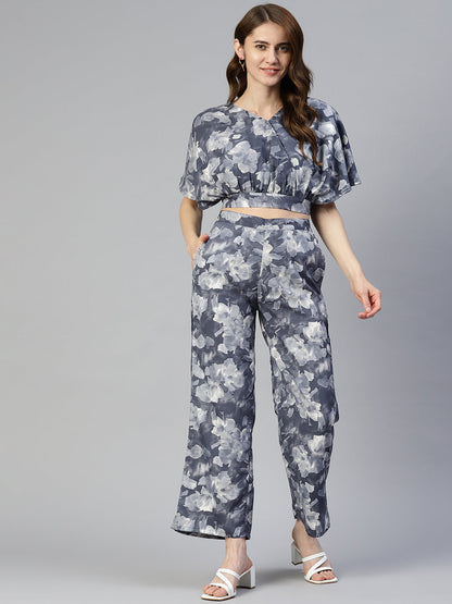 Jainish Women's Grey Printed Crop Top With Palazzos