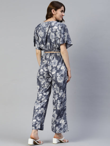 Jainish Women's Grey Printed Crop Top With Palazzos