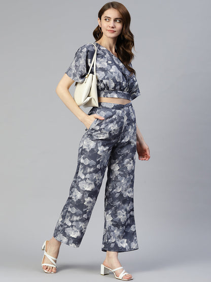 Jainish Women's Grey Printed Crop Top With Palazzos