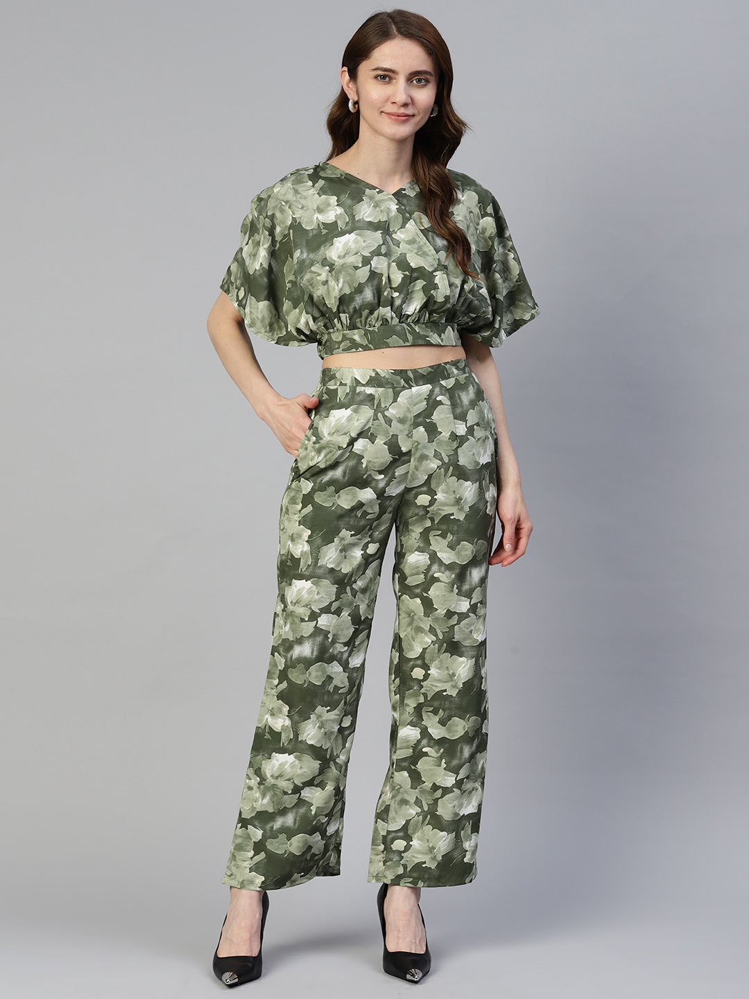 Jainish Women's Olive Green Printed Crop Top With Palazzos