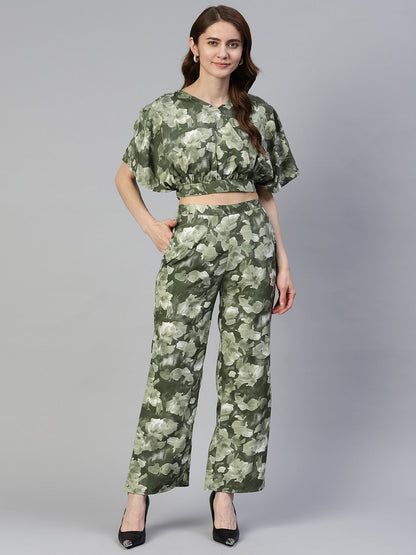 Jainish Women's Olive Green Printed Crop Top With Palazzos