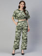 Jainish Women's Olive Green Printed Crop Top With Palazzos
