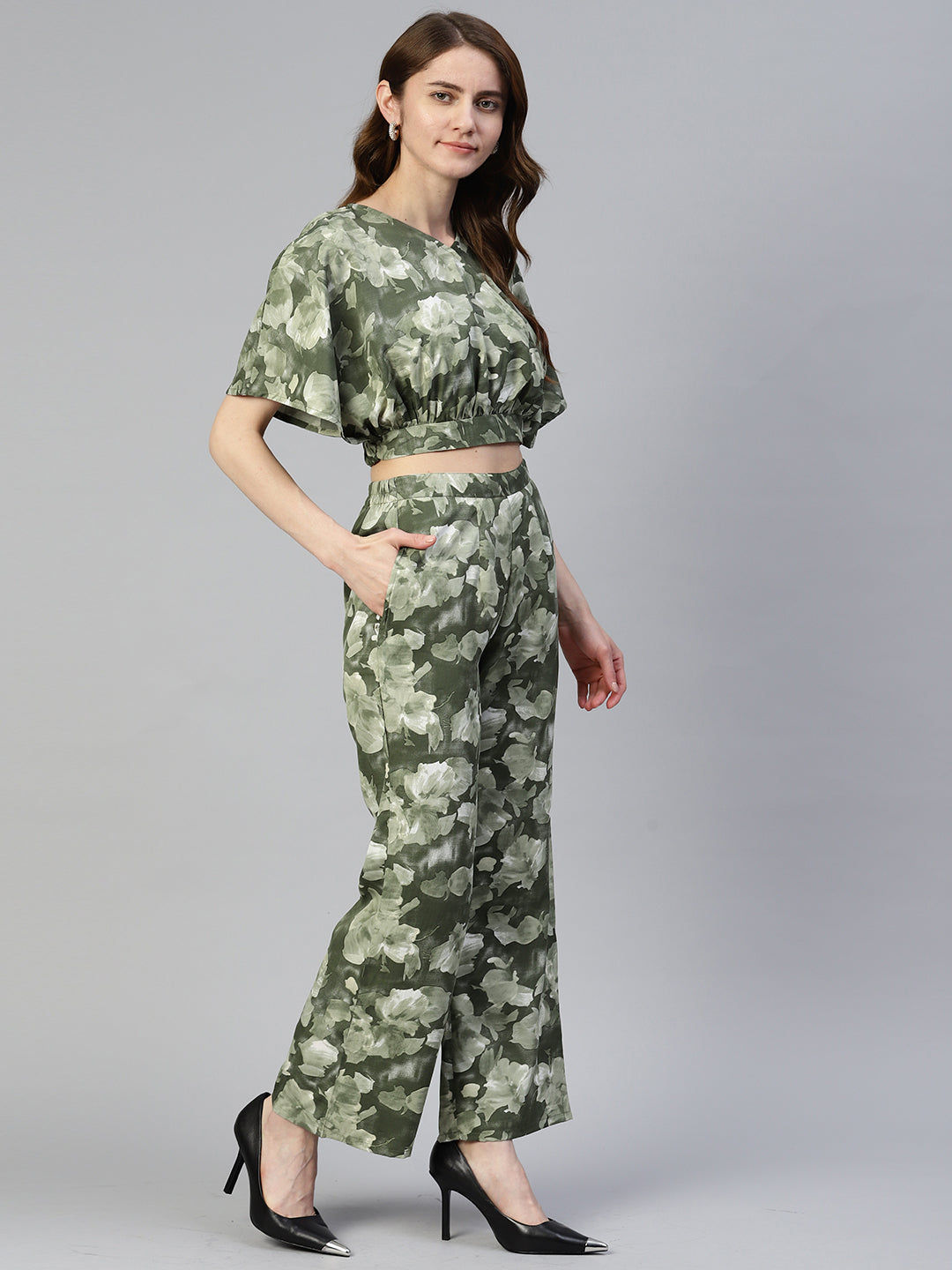 Jainish Women's Olive Green Printed Crop Top With Palazzos