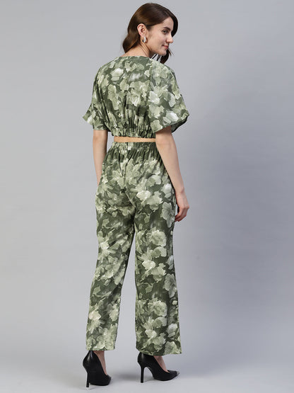 Jainish Women's Olive Green Printed Crop Top With Palazzos