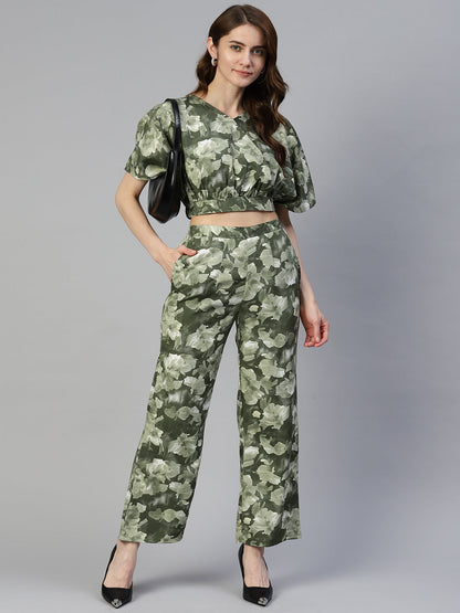 Jainish Women's Olive Green Printed Crop Top With Palazzos