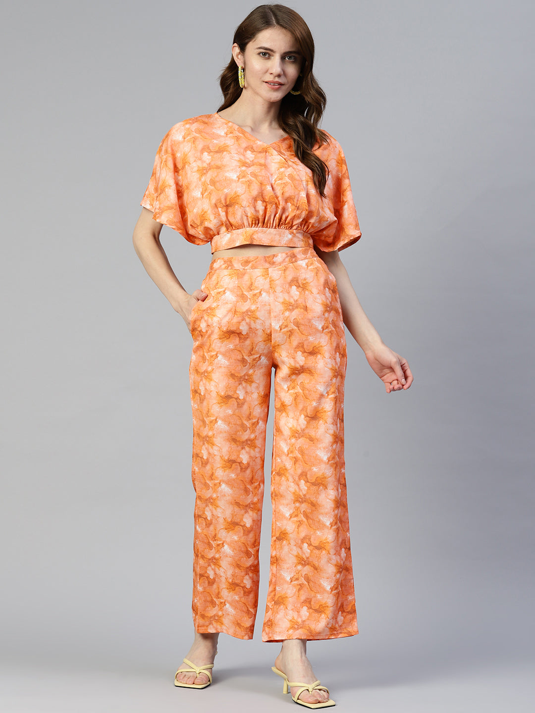 Jainish Women's Orange Printed Crop Top With Palazzos